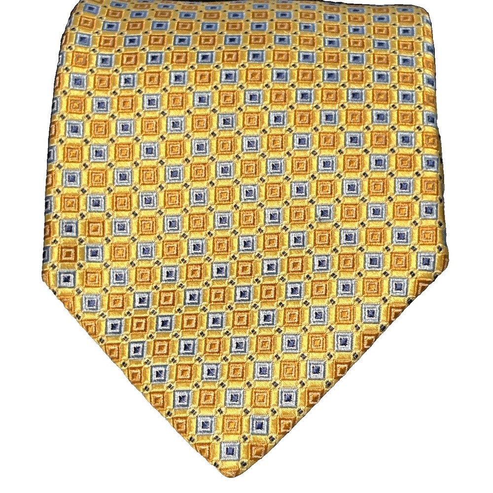 BROOKS BROTHERS Stain Resistant Men's Silk Necktie Designer Yellow Blue‎ Square - Picture 3 of 5